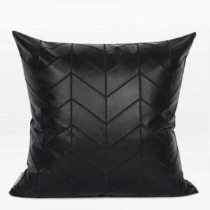 Black Square genuine Leather Pillow 20x20in Chevron Stitched Design Home Decor Cushion - Product Image 2