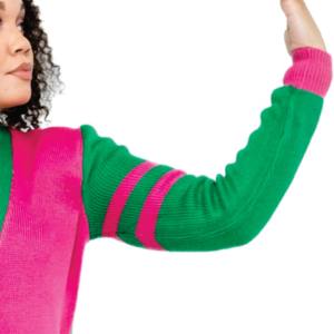 Cárdigan grueso a rayas rosa y verde con cuello en V, antiarrugas, personalizado para universidades, suéteres de hermandad para mujer, de punto acrílico con frente de chenilla - Product Image 5
