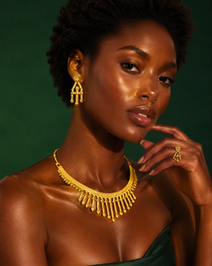 Premium Nigerian <b>Bridal</b> Gold Plated Jewelry Set African Statement Necklace with Dangle Earrings - Product Image 3