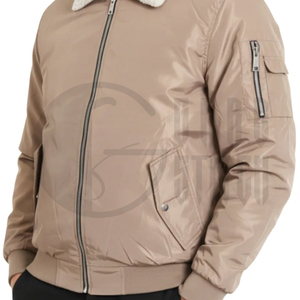 Chaqueta Bomber Beige para Hombre, Cuello de Piel Sintética, Cierre de Cremallera, Resistente al Viento, Ropa Exterior Informal de Invierno, Corte Regular, Exterior de Poliéster Grueso - Product Image 5