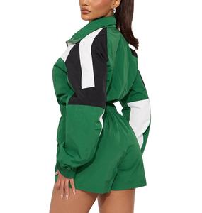 Survêtement vert color block pour femme, manches longues, demi-zip, coupe ample sportive, short respirant, idéal pour le printemps - Product Image 2