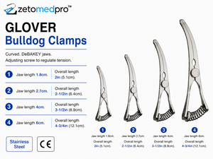 Pinzas de Bulldog Curvas GLOVER con mandíbulas DeBAKEY, longitud total 5.1cm, 6.4cm, 8.9cm, 12.1cm, instrumento cardiovascular ZETOMEDPRO - Product Image 2