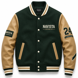 Chaqueta Varsity Personalizada Navista Sports con Mangas de Cuero, para Invierno y Otoño, con Parche Bordado con Logotipo, Lista para OEM/ODM, 100% Lana - Product Image 6