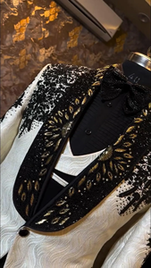 Men’s White Designer Tuxedo Suit with Black & Gold Embroidered Lapel – Luxury Wedding <b>Blazer</b> with Vest & Bow Tie - Product Image 4