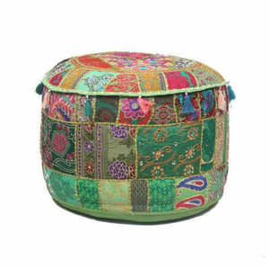 Pouf rond en tissu bohème, design patchwork fait main, vert multicolore, décoration de salon - Product Image 2