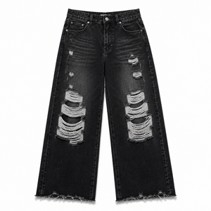 Jean déchiré taille haute pour femme, coupe large, respirant, écologique, délavé, style streetwear ample, été-automne - Product Image 1