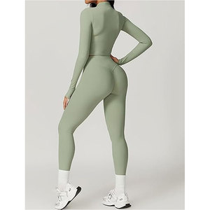 Tenues pour femmes, ensemble 3 pièces avec veste courte zippée à manches longues, soutien-gorge de sport et leggings amincissants pour la gym et le fitness - Product Image 5
