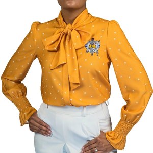 Blusa de lunares dorados Sigma Gamma Rho para mujer, camisa de manga larga con lazo, estilo casual elegante de la hermandad griega - Product Image 3