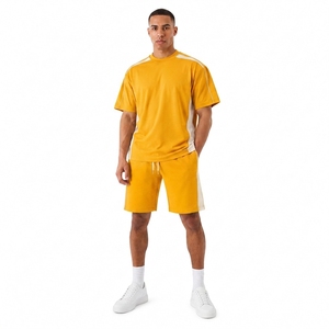 <b>Men's</b> Yellow Color Blocking Knitted T-<b>Shirt</b> Set Crew Neck Shorts Casual Summer Wear Breathable Design - Product Image 1