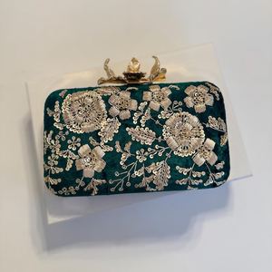 Jewelry bag Case with Gold Floral Embroidery and Magnetic <b>Snap</b> Closure green colour packaging bag - Product Image 4