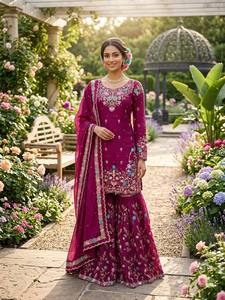 Indian Designer JMC Silk Anarkali Set with Heavy Embroidery Sharara Export Quality Women's <b>Clothing</b> - Product Image 3