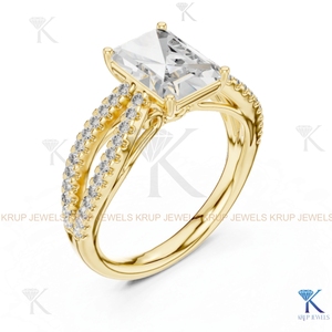 Anillo de compromiso de diamante cultivado en laboratorio con corte radiante, oro macizo, banda pavé vintage de tallo dividido, joyería fina, hecho a medida, regalo de aniversario - Product Image 4