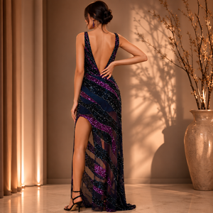 Luxury Purple Navy <b>Sequin</b> Mermaid Evening Gown for Women V Neck Sleeveless High Slit Formal Wedding Reception Prom Maxi Dress - Product Image 3