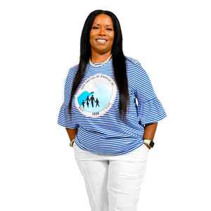 T-shirt à manches cloche rayé bleu pour femme Jack and Jill, col rond, imprimé graphique, haut tendance, vente en gros OEM en vrac - Product Image 3