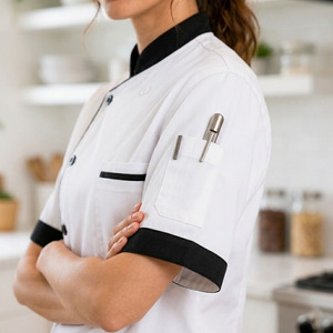 Custom Chef Coat Short Sleeve Mandarin Collar Breathable Stretch TR Spandex <b>Kitchen</b> Uniform with Logo - Product Image 4