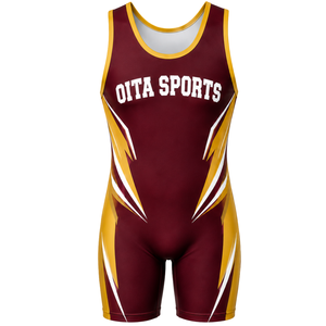 Combinaison de lutte sublimée bordeaux et or pour hommes, tenue de sport athlétique en polyester, vêtements d'entraînement et de match, équipement d'équipe - Product Image 2