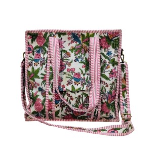 Sustainable Floral Striped Crossbody <b>Tote</b> Bag <b>with</b> <b>Zipper</b> Closure Block Print Design - Product Image 1