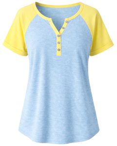 T-shirt pour femme bleu ciel et jaune, manches courtes, col Henley, tee-shirt raglan en coton doux, décontracté, respirant, confortable, pour l'été et le quotidien - Product Image 1