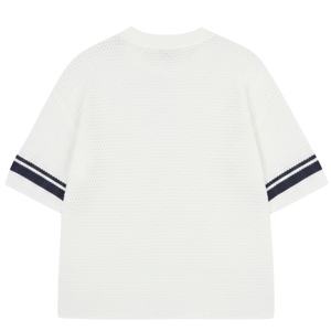 T-shirt en tricot crocheté à rayures contrastées, blanc, manches courtes, tricot texturé, décontracté d'été, respirant, col rond - Product Image 2