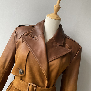 Manteau trench unisexe en cuir véritable, long, col montant, manches longues, respirant, coupe-vent, vêtement d'extérieur décontracté pour l'hiver, polyester - Product Image 5