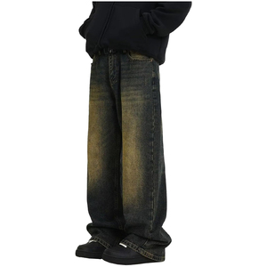 Men Hip Hop Fashion Baggy Jeans Oversized Wide Leg Washed Denim <b>Pants</b> Casual Wear - Product Image 2