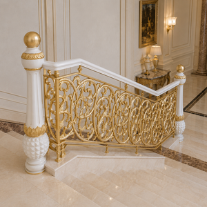 Luxury White Gold Ornate Stair <b>Railing</b> Floral Scroll Balustrade with Round Finials for Villa Mansion Interior Decor - Product Image 2