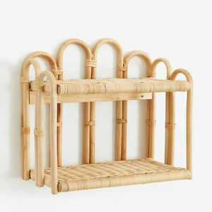 Hermoso estante de almacenamiento para habitaciones infantiles, estantería de pared de 2 niveles tejida con ratán natural. - Product Image 1