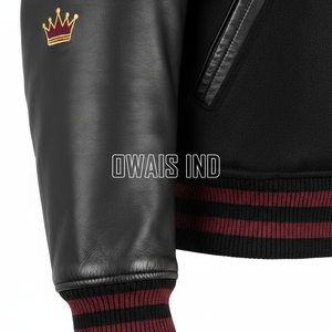 Chaqueta Varsity Marrón para Hombre con Mangas de PU Negras, Bordado 99 y Logotipo Frontal Owais Ind, Estilo Preppy, Cuello Camisero - Product Image 3