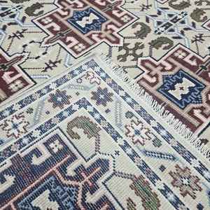 พรมขนสัตว์ถักมือ ลายเรขาคณิตชนเผ่า สีครีม น้ำเงิน น้ำตาล พรมแบบดั้งเดิม ตกแต่งบ้าน ห้องนั่งเล่น ห้องนอน - Product Image 2