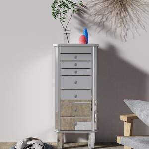 Silver <b>Mirrored</b> Jewelry Armoire with 7 Drawers & 16 Necklace Hooks 2 Side Swing <b>Doors</b> Organizer - Product Image 2