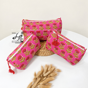 Pochette de maquillage imperméable réutilisable en gros, imprimée au bloc, matelassée, lavable, faite à la main, style bohème, lot de 3 pochettes en coton - Product Image 4