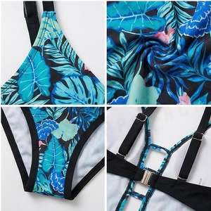 Traje de baño de una pieza para mujer con cuello en V profundo, estampado tropical, ahuecado y elástico - Product Image 4