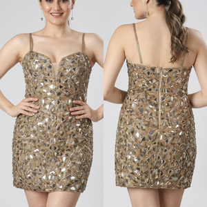 Luxury Gold Sequin Mirror Embellished Bodycon Mini Dress | Spaghetti <b>Strap</b>, Sweetheart Neck, Club Party Wear Women Dress Premium - Product Image 3
