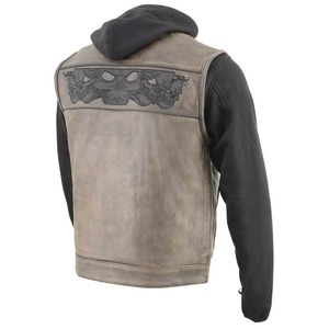 Men Genuine Leather Motorcycle <b>Jacket</b> Hooded Zipper Closure Skull Embroidery <b>Fleece</b> <b>Lining</b> Distress Finish Autumn Riding - Product Image 2