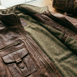 Blouson aviateur en cuir véritable marron pour homme, style vintage classique, avec fermeture éclair sur le devant, poignets côtelés et deux poches à rabat. - Product Image 5