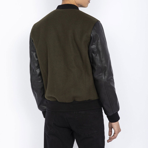 <b>Men's</b> Olive Green Bomber <b>Jacket</b> With Black PU <b>Leather</b> Sleeves Regular Fit Zipper Closure Casual Autumn Wear - Product Image 2