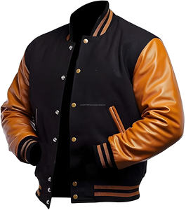 Venta al por mayor de fábrica Deportes al aire libre Letterman Varsity Jacket Buen precio Cierre de doble botonadura Stand Collar Cuero genuino - Product Image 4