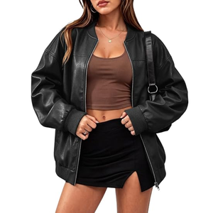 <b>Women</b>’s Oversized Faux Leather Bomber <b>Jacket</b>, Loose-Fit <b>Zip</b>-<b>Up</b> <b>Jacket</b>, Casual Fall Fashion Outerwear for Everyday Wear - Product Image 1