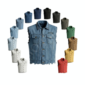 Nouveau design vintage, t-shirt en jean sans manches à col rabattu, délavé, clouté, brodé, style streetwear décontracté pour homme - Product Image 1