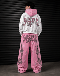 Ensemble survêtement Salstar pour homme : sweat à capuche blanc et pantalon de jogging rose, imprimé pailleté, style streetwear, coupe ample, longueur intégrale, tenue décontractée d'automne - Product Image 2