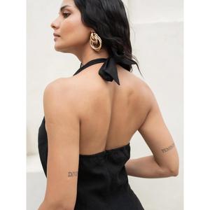 Vestido midi negro de algodón y lino para mujer, con cuello halter, sin mangas, con lazo en la espalda, estilo casual bohemio para verano. - Product Image 2