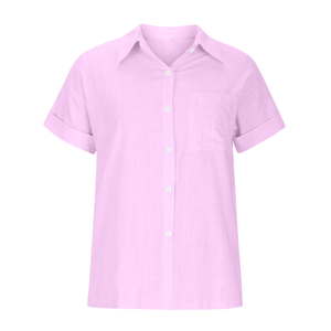 Chemise en lin à manches courtes pour femme, couleur unie, col rabattu, coupe classique, haut décontracté pour le printemps et l'été - Product Image 3