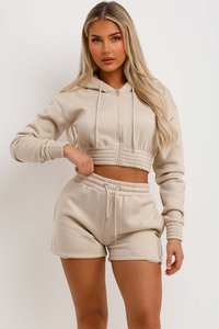 Sudadera con capucha corta de felpa francesa de manga corta para mujer, de moda, con 2 bolsillos laterales, cinturón, pantalones cortos de cintura baja, ajuste regular, ropa deportiva. - Product Image 2