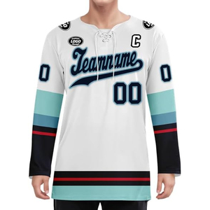 เสื้อฮอกกี้แบบกำหนดเอง OEM ขายส่งจากผู้ผลิตในสหรัฐอเมริกา ชุดฮอกกี้น้ำแข็งแบบสั่งทำพิเศษ พิมพ์ลายแบบ Sublimation ปักโลโก้ จำนวนมาก 100% - Product Image 2