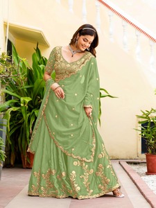Conjunto de Lehenga Choli semicompuesto de seda Rangoli verde marino para mujer con dupatta bordada - Product Image 2