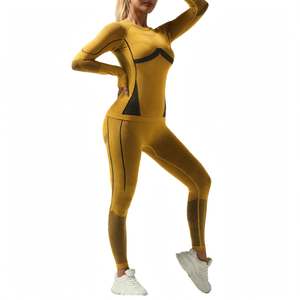 STAR SPEED Seamless Ribbed Striped Spandex/Polyester Yoga Set High Waist Full-<b>Length</b> <b>Leggings</b> Crew Neck Long Sleeve Top - Product Image 1