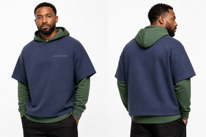 Custom Logo Heavyweight Cotton Streetwear Oversized Double <b>Layer</b> Pullover Hoodie Long Sleeve <b>Under</b> Short Sleeve Layered Hoodie - Product Image 3