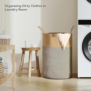 Customised Handwoven Natural Material <b>Foldable</b> Round 95L Clothes Hamper Gift <b>Basket</b> Toys Organizer Cotton Rope Laundry <b>Baskets</b> - Product Image 2
