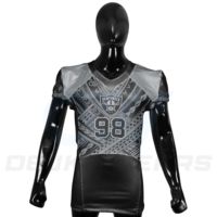 Maillot de football américain personnalisé en gros, col en V, sublimation, logo d'équipe en twill, manches courtes, séchage rapide, extensible dans les quatre sens, 100%