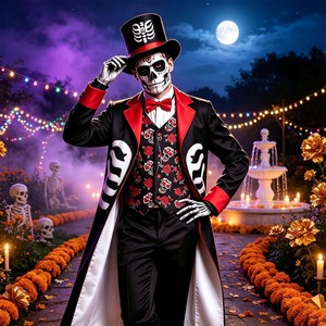 Veste de frac pour homme motif squelette, avec gilet tête de mort en sucre et rose rouge, pour Halloween et le Jour des Morts - Product Image 3